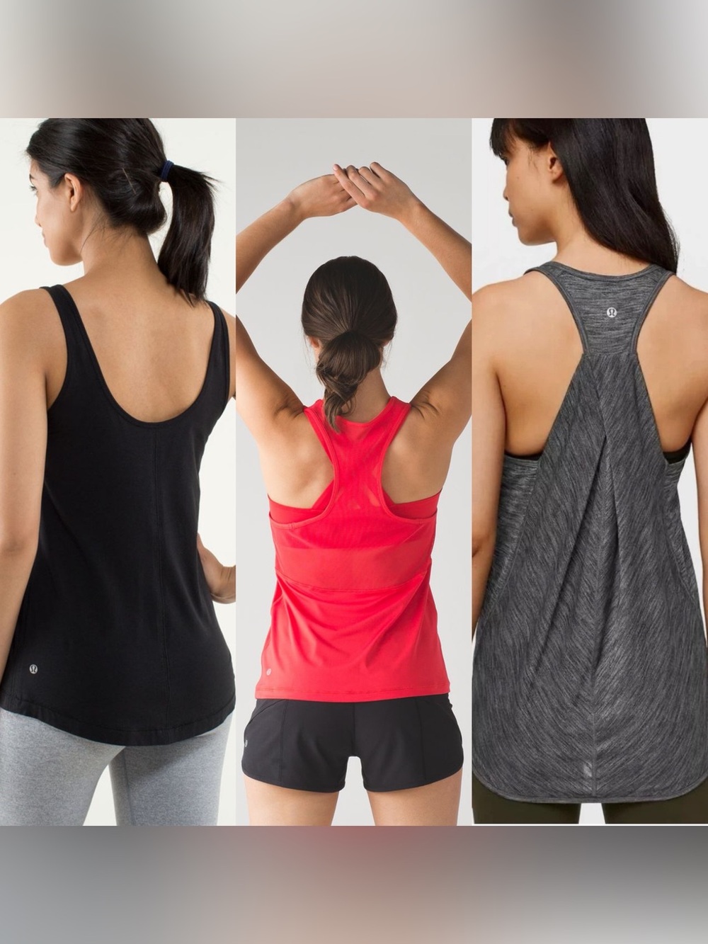SET lululemon athletica three athletic tank tops-Black, Red, Charcoal